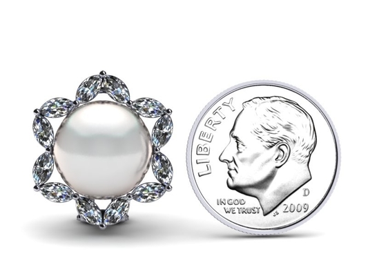 Bông tai Marquise ngọc trai nuôi nước ngọt và kim cương vàng trắng 14K