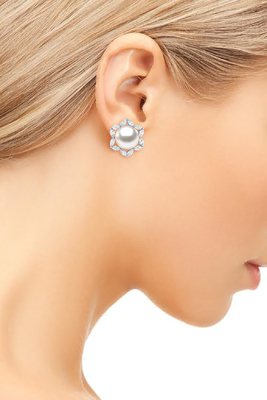 Bông tai Marquise ngọc trai nuôi nước ngọt và kim cương vàng trắng 14K
