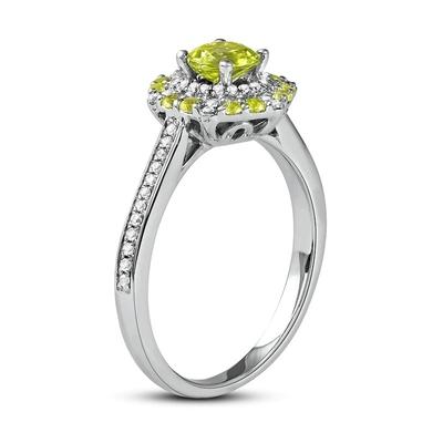 Peridot xanh lục &amp; Nhẫn kim cương 1/6 ct tw Vàng trắng 10K bằng bạc