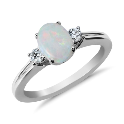 Nhẫn kiểu cổ điển đính đá opal và viên kim cương bằng vàng trắng 10K