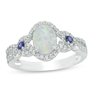 Opal hình trái tim 5.0mm và 1/8 CT. T.W. Nhẫn khung kim cương bằng bạc
