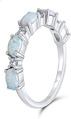 Nhẫn CZ mỏng có thể xếp chồng lên nhau 1/2 Eternity Oval Blue Pink Created Opal Band Nhẫn cho nữ