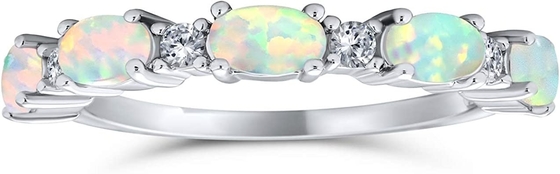Nhẫn CZ mỏng có thể xếp chồng lên nhau 1/2 Eternity Oval Blue Pink Created Opal Band Nhẫn cho nữ