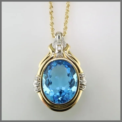 Topaz xanh cắt tròn 14K và mặt dây chuyền kim cương tăng cường cho phụ nữ