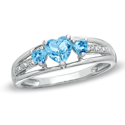 Topaz xanh hình trái tim và điểm nhấn kim cương Nhẫn hứa hẹn ba viên đá Vàng trắng 10K