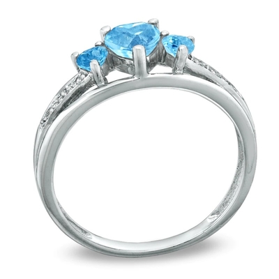 Topaz xanh hình trái tim và điểm nhấn kim cương Nhẫn hứa hẹn ba viên đá Vàng trắng 10K