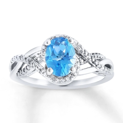 Nhẫn đính hôn 3 viên đá Topaz xanh Thụy Sĩ cổ điển và 3 viên kim cương Bạc 925