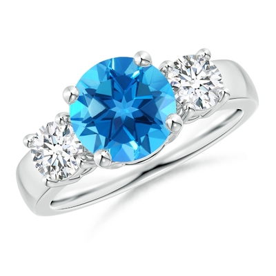 Nhẫn đính hôn 3 viên đá Topaz xanh Thụy Sĩ cổ điển và 3 viên kim cương Bạc 925