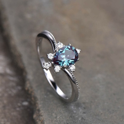 Trang sức bằng đá Alexandrite tổng hợp bằng bạc 925 Sterling, Nhẫn Alexandrite được tạo ra trong phòng thí nghiệm 8MM