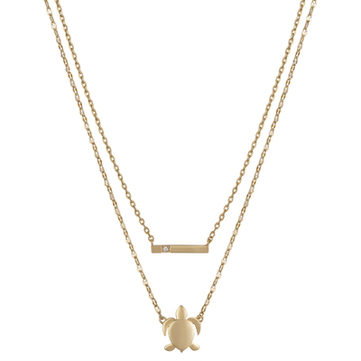 Bộ vòng cổ 2 mảnh hình con rùa và thanh Zirconia mạ vàng 14K có dây nối dài