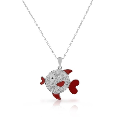 Sea Life Men Đỏ Trắng Trong CZ Cá Mặt Dây Chuyền Vòng Cổ Bạc 925
