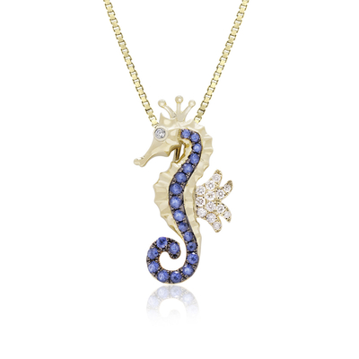 Vòng cổ mặt dây chuyền cá ngựa màu vàng vàng xanh Sapphire, trang sức biển phong cách đại dương