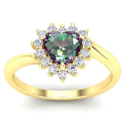 Nhẫn đính hôn đá quý mạ vàng hồng 14K Mystic Topaz White CZ Halo