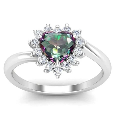 Nhẫn đính hôn đá quý mạ vàng hồng 14K Mystic Topaz White CZ Halo
