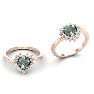 Nhẫn đính hôn đá quý mạ vàng hồng 14K Mystic Topaz White CZ Halo