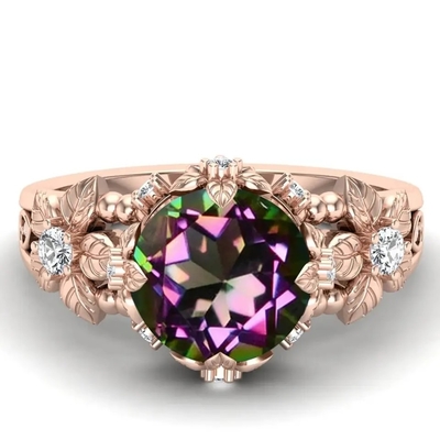 Mạ Vàng 14K Bạc Vintage Nghệ Thuật Cắt Tròn Huyền Bí Topaz Trắng Đá Quý Nhẫn Đính Hôn