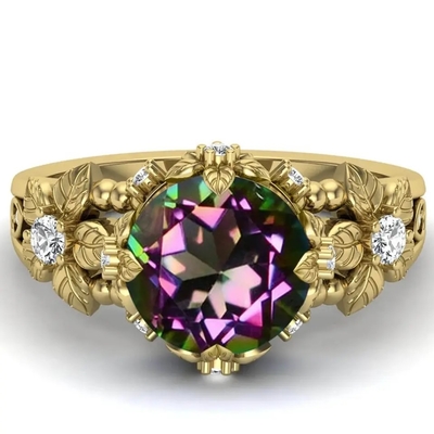 Mạ Vàng 14K Bạc Vintage Nghệ Thuật Cắt Tròn Huyền Bí Topaz Trắng Đá Quý Nhẫn Đính Hôn