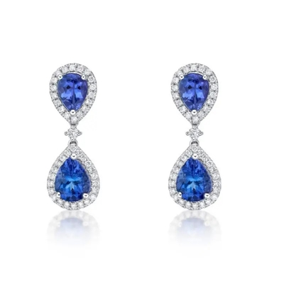 Trang sức cưới, Bông tai dài màu xanh đá Tanzanite Bạc 925 Mạ Rhodium