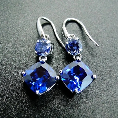 Trang sức cưới, Bông tai dài màu xanh đá Tanzanite Bạc 925 Mạ Rhodium