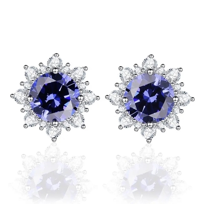 Trang Sức Vàng 14K CZ Hào Quang Hình Bầu Dục Cắt Cao Cấp Xanh Tanzanite Bông Tai Nữ Bông Tai Cổ Điển