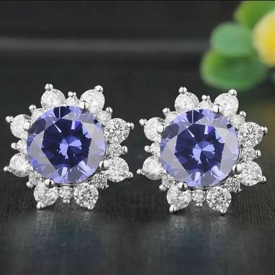 Trang Sức Vàng 14K CZ Hào Quang Hình Bầu Dục Cắt Cao Cấp Xanh Tanzanite Bông Tai Nữ Bông Tai Cổ Điển