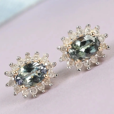 Trang Sức Vàng 14K CZ Hào Quang Hình Bầu Dục Cắt Cao Cấp Xanh Tanzanite Bông Tai Nữ Bông Tai Cổ Điển
