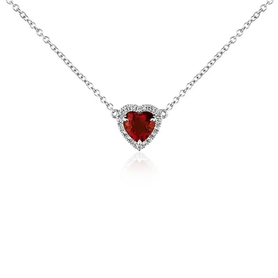 Vòng cổ mặt dây chuyền Garnet hình trái tim bằng vàng trắng 14K, vòng cổ chuỗi Petite Sapphire