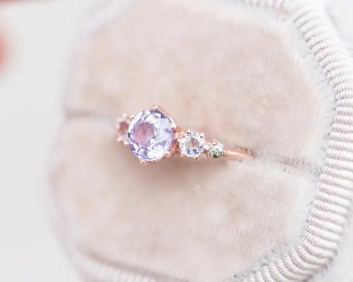 Nhẫn thạch anh hoa oải hương tự nhiên, nhẫn năm viên đá mạ vàng hồng 925 sterling
