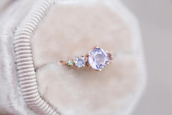 Nhẫn thạch anh hoa oải hương tự nhiên, nhẫn năm viên đá mạ vàng hồng 925 sterling