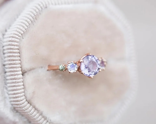 Nhẫn thạch anh hoa oải hương tự nhiên, nhẫn năm viên đá mạ vàng hồng 925 sterling