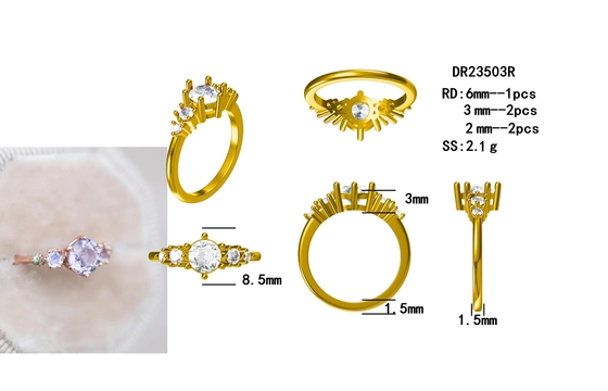 Nhẫn thạch anh hoa oải hương tự nhiên, nhẫn năm viên đá mạ vàng hồng 925 sterling
