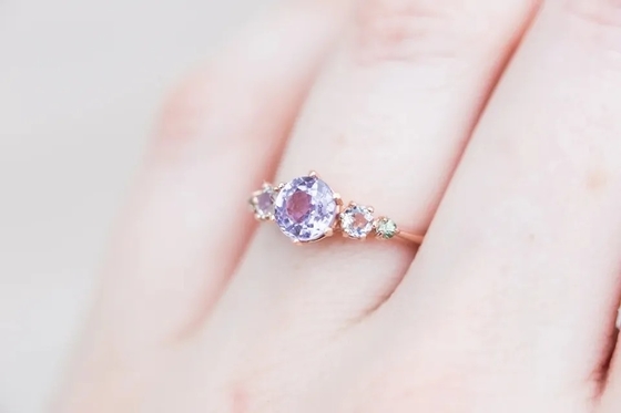 Nhẫn thạch anh hoa oải hương tự nhiên, nhẫn năm viên đá mạ vàng hồng 925 sterling
