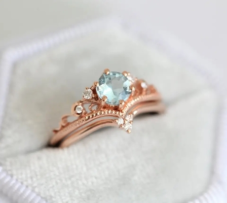 Tinh Tế S925 Hoa Hồng Mạ Vàng Hình Tròn Tự Nhiên Nhẫn Đá Aquamarine Trang Sức Nữ