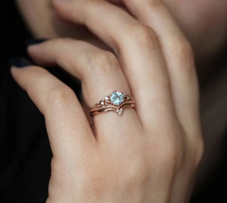 Tinh Tế S925 Hoa Hồng Mạ Vàng Hình Tròn Tự Nhiên Nhẫn Đá Aquamarine Trang Sức Nữ