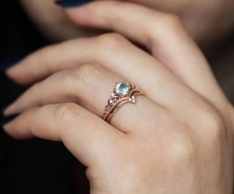 Tinh Tế S925 Hoa Hồng Mạ Vàng Hình Tròn Tự Nhiên Nhẫn Đá Aquamarine Trang Sức Nữ
