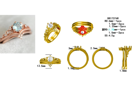 Tinh Tế S925 Hoa Hồng Mạ Vàng Hình Tròn Tự Nhiên Nhẫn Đá Aquamarine Trang Sức Nữ