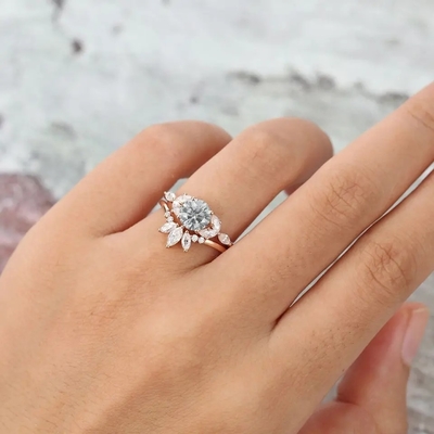 Bộ Trang Sức Bạc 925 Moissanite Nhẫn Hoa Hồng Vàng Xám Moissanite Nhẫn Đính Hôn Bộ Hầu Tước Cắt Nhẫn Cô Dâu
