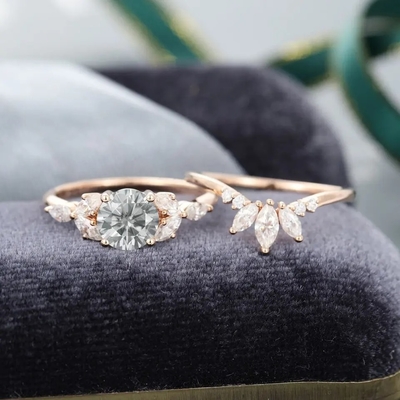 Bộ Trang Sức Bạc 925 Moissanite Nhẫn Hoa Hồng Vàng Xám Moissanite Nhẫn Đính Hôn Bộ Hầu Tước Cắt Nhẫn Cô Dâu