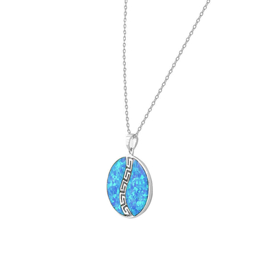 Chất Liệu Bạc 925 Màu Xanh Mô Phỏng Opal Hy Lạp Chìa Khóa Uốn Khúc Meandros Xoắn Ốc Tròn Mặt Dây Chuyền Vòng Cổ