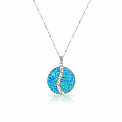 25 Chất Liệu Bạc Màu Xanh Mô Phỏng Opal Hy Lạp Chìa Khóa Uốn Cong Vòng Cổ Mặt Dây Chuyền Xoắn Ốc Meandros