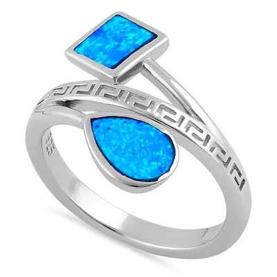 Sterling Sliver 925 Hy Lạp Cổ Đại Uốn Khúc Chìa Khóa Thiết Kế Sóng Hiện Đại Nhẫn Opal Xanh Cho Nữ