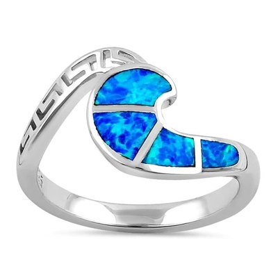 Sterling Sliver 925 Hy Lạp Cổ Đại Uốn Khúc Chìa Khóa Thiết Kế Sóng Hiện Đại Nhẫn Opal Xanh Cho Nữ