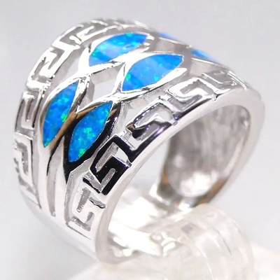 Đá Opal Xanh Hy Lạp Thiết Kế Chìa Khóa Bọc Chắc Chắn Nhẫn Bạc 925 Đá Opal Xanh Trang Sức Cho Nam
