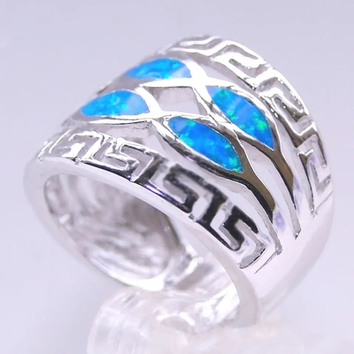 Đá Opal Xanh Hy Lạp Thiết Kế Chìa Khóa Bọc Chắc Chắn Nhẫn Bạc 925 Đá Opal Xanh Trang Sức Cho Nam
