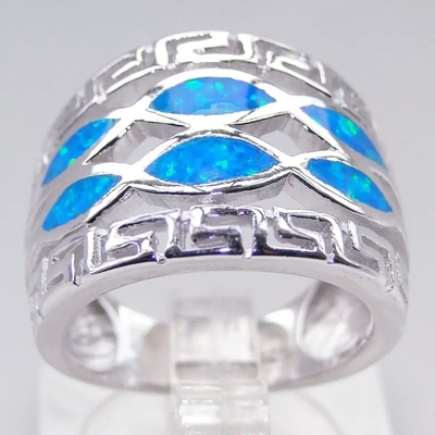 Đá Opal Xanh Hy Lạp Thiết Kế Chìa Khóa Bọc Chắc Chắn Nhẫn Bạc 925 Đá Opal Xanh Trang Sức Cho Nam