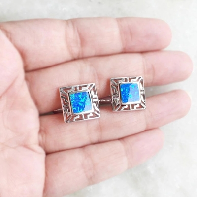 Bán Buôn Tùy Chỉnh Bạc 925 Màu Xanh Opal Hy Lạp Chìa Khóa Nửa Đôi Khuyên Tai Vòng Cho Nữ