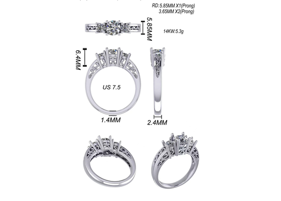 Đồ trang sức bằng vàng rắn 0,8ct 14k, Vòng ba đá kim cương RD5,85mm