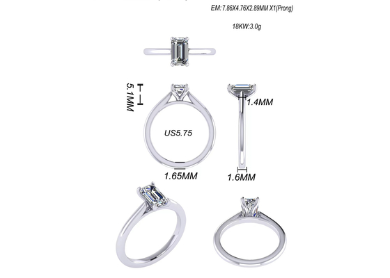 Trang sức vàng rắn 14K 1,05 Ct, Nhẫn đính hôn bằng kim cương cắt bằng ngọc lục bảo EM7,86 × 2,89MM