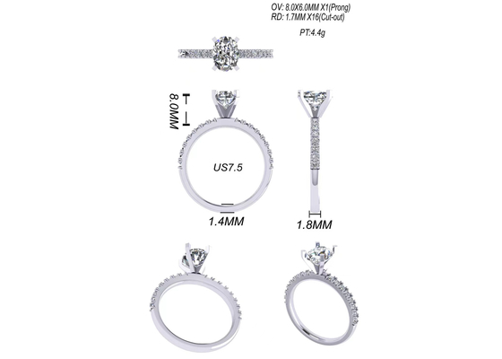 Cắt tròn 1,5 Carat Nhẫn kim cương hình bầu dục 2,45g Trọng lượng OV8 × 6MM Kích thước cho lễ đính hôn