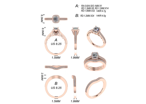 Trang sức vàng khối 0,8ct 14K, bộ nhẫn đính hôn bằng vàng hồng RA5,6 × 4,5MM